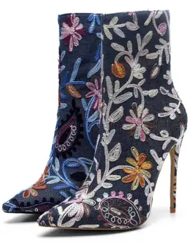 Sestito, Новые ботильоны на высоком каблуке с вышивкой для девочек, женские модельные туфли с острым носком, женские короткие ботинки с боковой молнией