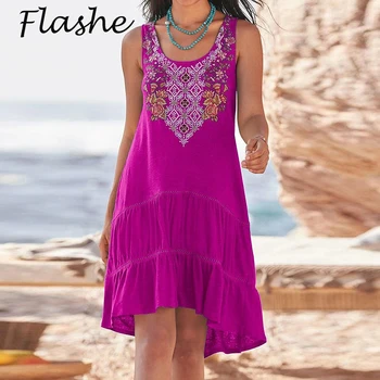2021 Женское летнее платье в стиле бохо с цветочным принтом, пляжное платье, женский сарафан без рукавов, свободное мини-платье для вечеринки 5XL