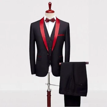 STEVDITG Черные Мужские костюмы Красная шаль с лацканами, однобортный портной на одной пуговице, Формальный деловой Роскошный пиджак из 3 предметов, Брюки, жилет