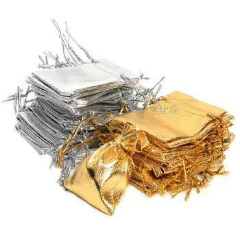 50шт Серебряные/золотые подарочные пакеты из металлической фольги, органзы с завязками, свадебные подарочные пакеты для конфет, сумка для ювелирных изделий