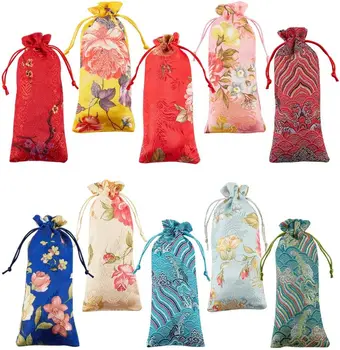 200X Шелковые сумки на шнурке в китайском стиле, парчовые мешочки с цветочным волнистым узором, для хранения ювелирных изделий и монет.Упаковка подарков, конфет