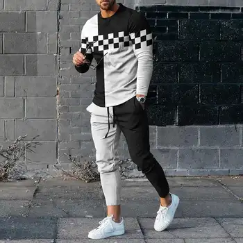Мужские футболки с длинным рукавом и брюки Из двух частей, Черно-Белые Мужские комплекты с геометрическим 3D принтом, Повседневный костюм nike tech fleece