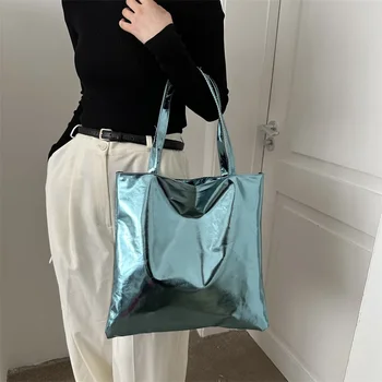 Глянцевые сумки-тоут для женщин, модная сумка для покупок большой емкости, сумки для рук из искусственной кожи, блестящая повседневная женская сумочка, сумка через плечо для девочек