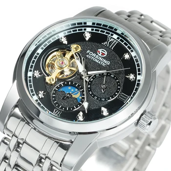 Мужские часы Forsining Tourbillon Skeleton, лучший бренд, Роскошные Автоматические Механические часы Moon Phase с бриллиантами, ремешок из нержавеющей стали