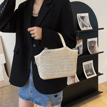 Женская летняя тканая сумка из травы, новая популярная тканая пляжная сумка для отдыха, однотонная женская сумка