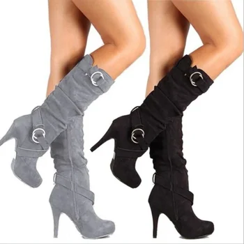 Зимние женские ботинки; Пикантные Ботфорты выше колена в стиле ретро; Сапоги на тонком высоком каблуке; Женская обувь на платформе; Zapatos De Mujer Bota Большого Размера