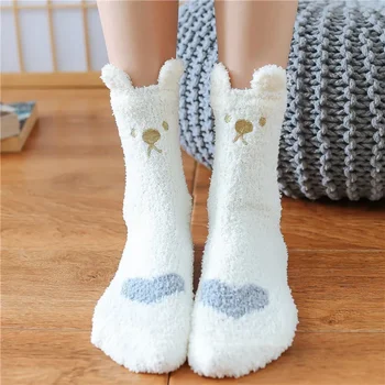 Зимние носки для сна из кораллового флиса, женские носки с мультяшным сердечком и кошачьими ушками, зимние домашние носки для пола, утепленные мягкие плюшевые носки calcetines
