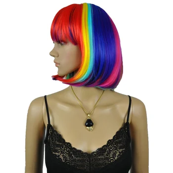 StrongBeauty Женские парики для косплея в стиле Боб, аккуратная челка, Радужные Короткие Прямые волосы, Синтетический полный парик
