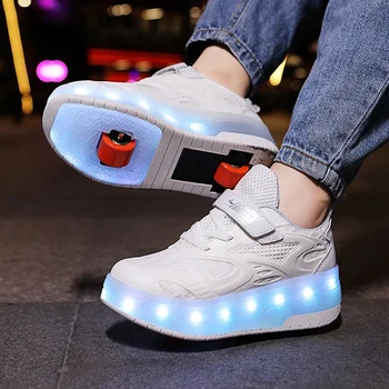 Обувь для мальчиков и девочек со светодиодной подсветкой, USB-зарядка, Повседневная обувь для детей, катающихся на роликовых коньках, Детские светящиеся кроссовки с колесами