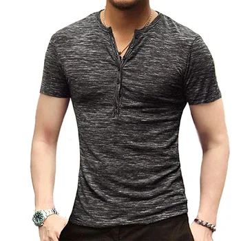 B8642 Мужская футболка Henley с коротким рукавом, стильная приталенная футболка с V-образным вырезом, повседневные мужские футболки, размер США