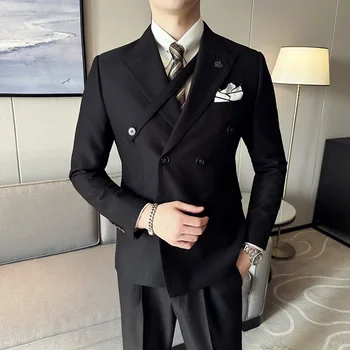 Новинка 2023 года (блейзер + брюки), мужская модная деловая двубортная Корейская версия повседневного джентльменского облегающего свадебного костюма из 2 предметов