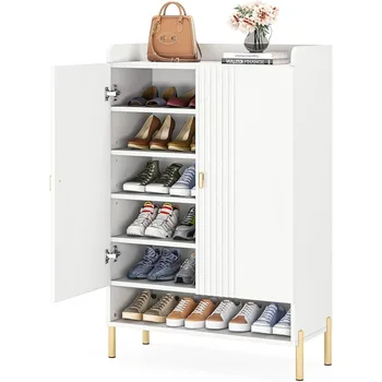 Обувной шкаф для прихожей: 6-ярусный шкаф-органайзер для обуви, узкая, тонкая отдельно стоящая деревянная полка для обуви с регулируемыми дверцами.