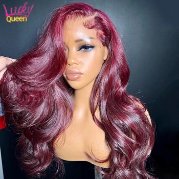 Винно-красная объемная волна 13Х4 Фронтальный парик из человеческих волос, предварительно выщипанный парик с боковой частью, прозрачный Кружевной парик спереди бордового цвета для женщин