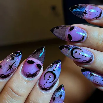 3D накладные ногти аксессуары для Хэллоуина сладкий прохладный фиолетовый черный лунный звездный дизайн французские миндальные кончики нажмите на накладные кончики ногтей