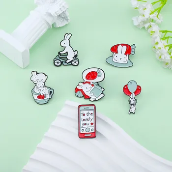 Креативный Белый кролик, думающий о моркови, Маленький Кролик, катающийся на велосипеде, воздушный шар для мобильного телефона, брошь из серии 