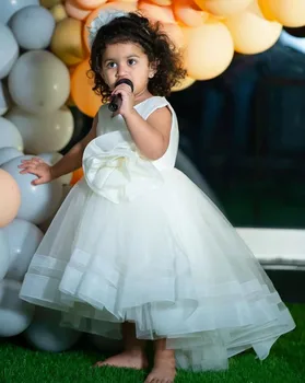 Белое тюлевое платье в цветочек для девочки на свадьбу с большим бантом, платье для первого причастия, детское платье на день рождения
