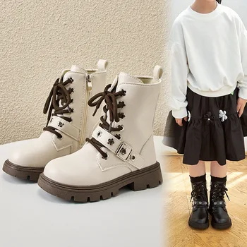 Детские кожаные ботинки в британском стиле для девочек, высокие рыцарские сапоги, модные нескользящие ботинки с боковой пряжкой, детская повседневная обувь