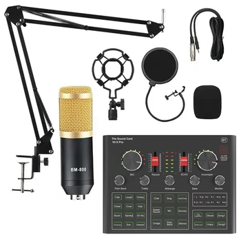 Комплект конденсаторных микрофонов BM800 с звуковой картой V9X PRO Live для компьютерной студийной записи караоке со смартфона