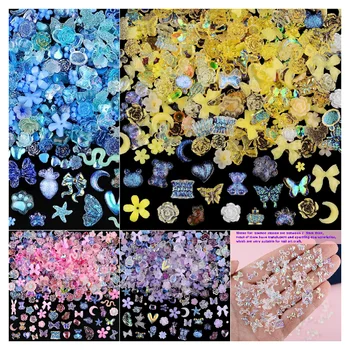 50шт украшения для ногтей из смолы Aurora Sparkle, милый галстук-бабочка/цветок медведя, дизайнерские подвески для маникюра, корейские принадлежности для дизайна ногтей