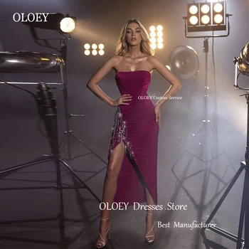 Вечерние платья OLOEY из темно-фиолетового бархата без бретелек, Дубай, арабские Сексуальные вечерние платья с разрезом и блестящей кисточкой чайной длины