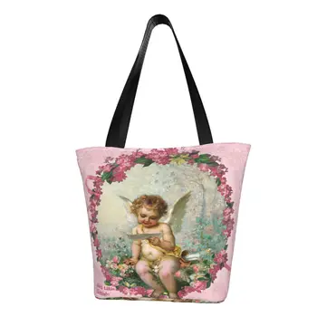 Изготовленный на заказ Викторианский Ангел Винтажная холщовая сумка для покупок с розами, женские прочные сумки для покупок с продуктами