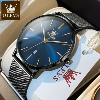 OLEVS 5869 Ультратонкие кварцевые часы 6,5 мм для мужчин с сетчатым стальным ремешком, водонепроницаемые часы с автоматической датой, модные минималистичные мужские наручные часы