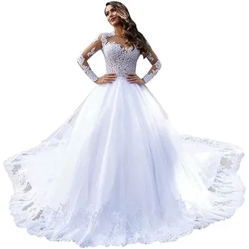Элегантные атласные свадебные платья трапециевидной формы для женщин 2023, сексуальное платье невесты с V-образным вырезом и длинными рукавами, белое свадебное платье, свадебный халат De 01