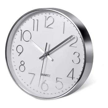 Серебряные настенные часы премиум-класса, настенное украшение, современные бесшумные настенные часы для домашнего офиса, кухни (серебро 25 см)