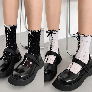 Женские носки Lolita Crew контрастного цвета с рюшами, бантом, полыми цветочными чулочно-носочными изделиями M6CD