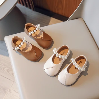 Модная кожаная обувь для детей в корейском стиле 2023, Классическая повседневная обувь на плоской подошве с жемчугом для девочек, Повседневная Мягкая обувь принцессы, Новинка