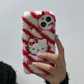 Мультяшный чехол Hello Kitty Sanrio Plush Streak для Iphone Iphone14 /13Promax/12/11/15 Защитный чехол Теплая студенческая пара