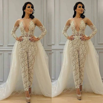 Скромный съемный комбинезон с юбкой, свадебные платья 2020, Кружевная аппликация, длинный рукав, Элегантный брючный костюм для женщин, свадебное платье Vestidos