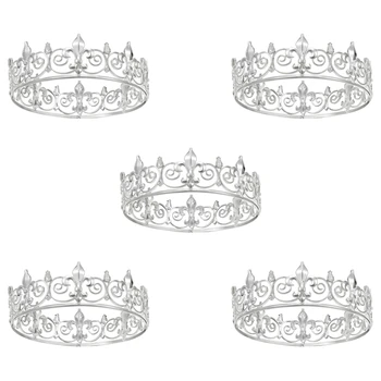5X Royal King Crown Для мужчин - Металлические Короны и Диадемы Для принцев, Круглые Шляпы для празднования Дня рождения, Средневековые (Серебристый цвет)