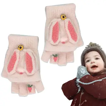 Зимние вязаные перчатки на полпальца, теплые перчатки для девочек, варежки-трансформеры с заячьими ушками для девочек и мальчиков, мягкие и толстые зимние