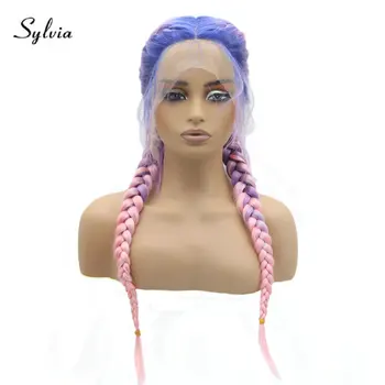 Сильвия Блю Омбре Розовые длинные синтетические парики на кружеве спереди для женщин, заплетенные в две косички, парик из натуральной шерсти с красочными волосами младенца