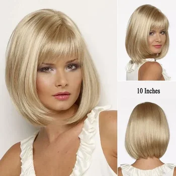 10-дюймовый Короткий Боб Золотистый блондин с челкой, Парик из синтетических волос для женщин, прямой парик