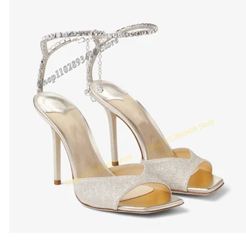 Белые Блестящие Босоножки на цепочке с кристаллами, Открытый Носок, Ремешок С пряжкой, Туфли На Шпильке, Женская Обувь на Высоком Каблуке 2023, Модные Zapatos Para Mujere