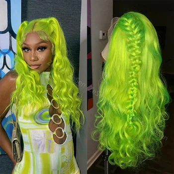 Женский парик с длинными волнами на кружеве, синтетические натуральные волосы, для косплея, неоново-зеленые термостойкие парики из натуральных волос на каждый день