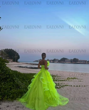 Prom Gown Sleeveless A-Line Ruffles Backless Strapless Tulle Skirt Illusion Evening Party Dresses платья на торжество
