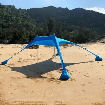 Переносная семейная пляжная палатка, ветрозащитный дизайн, солнцезащитный козырек UPF50 +, открытый навес для кемпинга с 2 алюминиевыми шестами и сумкой для переноски