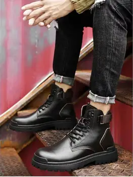 Новые мужские осенне-зимние рабочие ботинки из натуральной кожи с высоким берцем, толстая нескользящая подошва, высококачественная шнуровка, кожаные ботинки большого размера