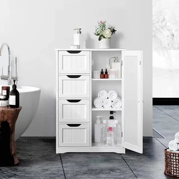 Шкаф для хранения в ванной с 4 ящиками, 3 Отдельно стоящие полки белого цвета