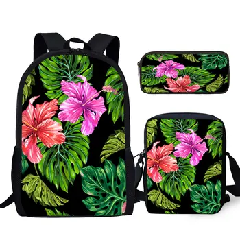 YIKELUO Зеленый рюкзак с регулируемым ремешком с принтом монстеры и гибискуса, сумка-мессенджер на молнии, пенал с тропическим принтом, рюкзак-пенал