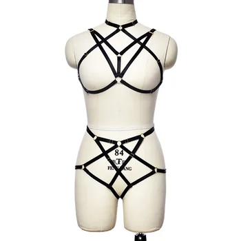 Комплект ремней для бондажа в готическом стиле, клетка для тела, Сексуальное женское белье, бюстгальтер, Черное боди в стиле панк, Регулируемые нижние трусики-стринги