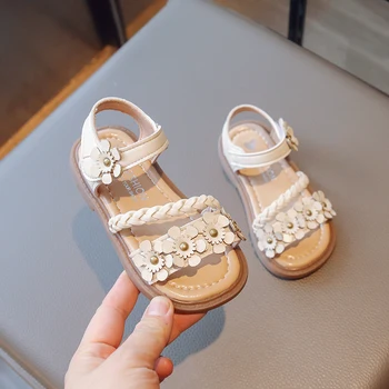 Летние Новые сандалии принцессы с плетеным цветком для девочек на мягкой подошве, детская дышащая нескользящая пляжная обувь