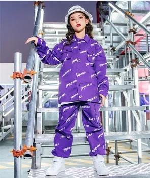Детские джазовые костюмы, одежда для выступлений в стиле уличных танцев в стиле хип-хоп, фиолетовая рубашка, комбинезон, костюм для танцев в стиле хип-хоп, сценический рейв-наряд