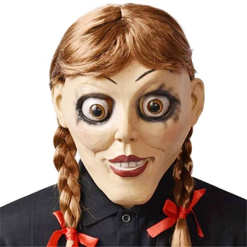 Хэллоуин фильм ужасов Полная голова Косплей маска шлем Высококачественный латексный парик С Конским Хвостом девушка кукла Аннабель