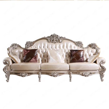 Сочетание кожаного дивана в стиле барокко, Классическая мебель для гостиной виллы из массива дерева