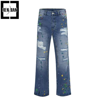 Рваные джинсовые брюки с дырками, раскрашенные на хай-стрит, свободного покроя, джинсовые брюки в стиле хип-хоп в стиле Y2K, уличная одежда, раскрашенные низы.