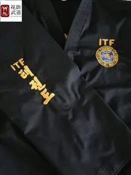 Горячая распродажа Черной формы студентов ITF по тхэквондо с полной золотой вышивкой стандартный размер одежды может быть настроен по индивидуальному заказу